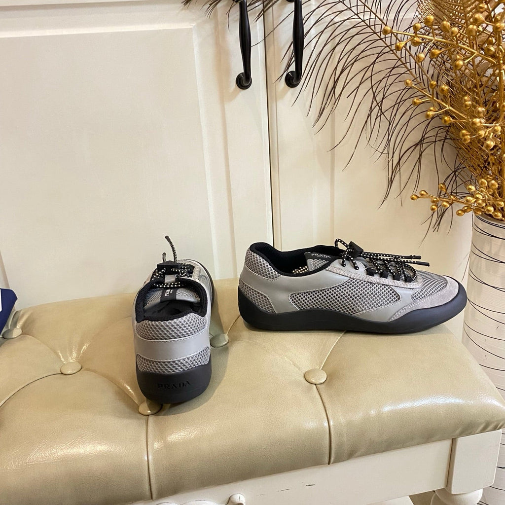 PRADA 26S LACE UP SNEAKERS CHUNKY SOLE IN GREY TECH FABRIC AND MESH
