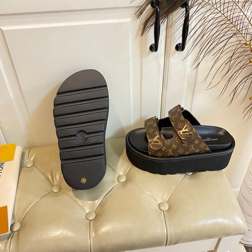 LV 26S WEDGE SLIDES 45 MM IN DARK BROWN MONOGRAM COATED CANVAS