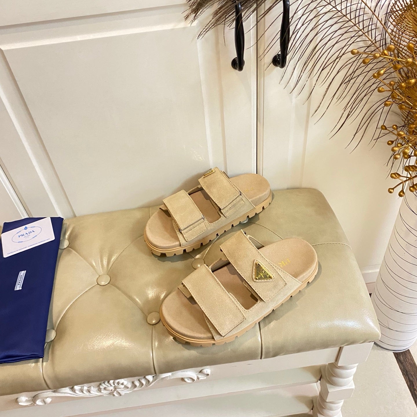 PRADA 26S DOUBLE STRAP SANDALS CHUNKY SOLE IN BEIGE SUEDE WITH LOGO