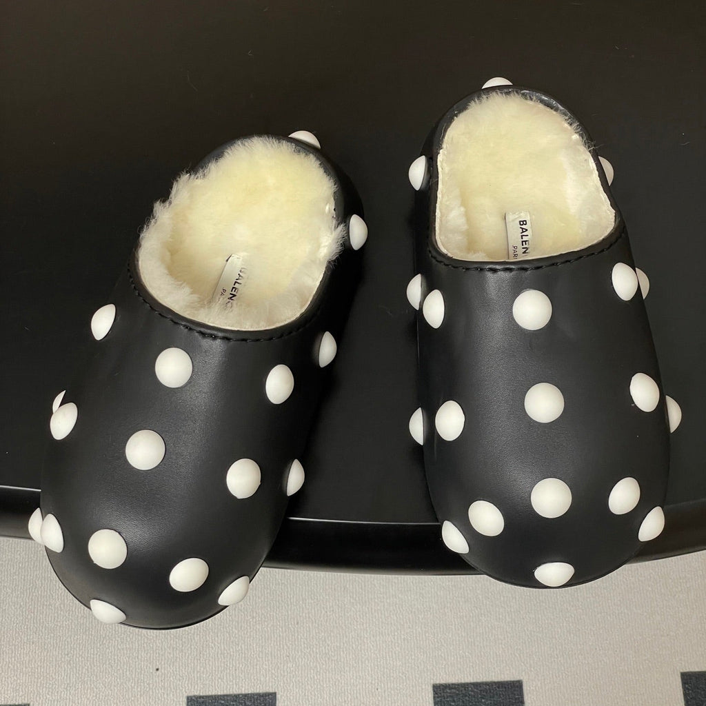 BALENCIAGA 25S FUR-LINED MULES IN BLACK AND WHITE FAUX LEATHER