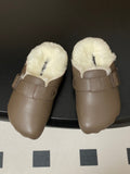 BALENCIAGA 25S FUR-LINED MULES IN TAUPE GRAY FAUX LEATHER