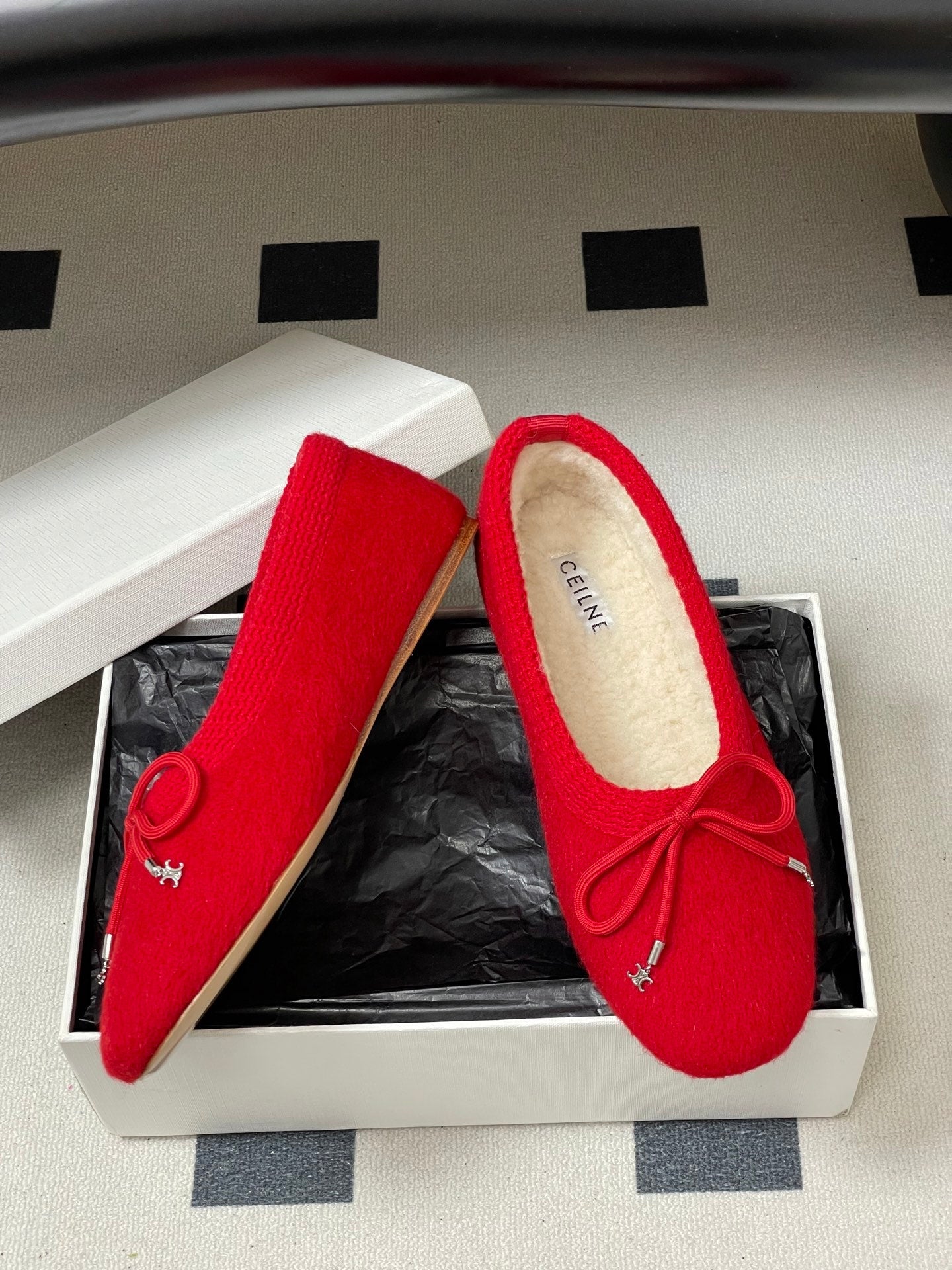 CELINE 26S BALLET FLATS IN RED WOOL WITH BOW STYLE 3