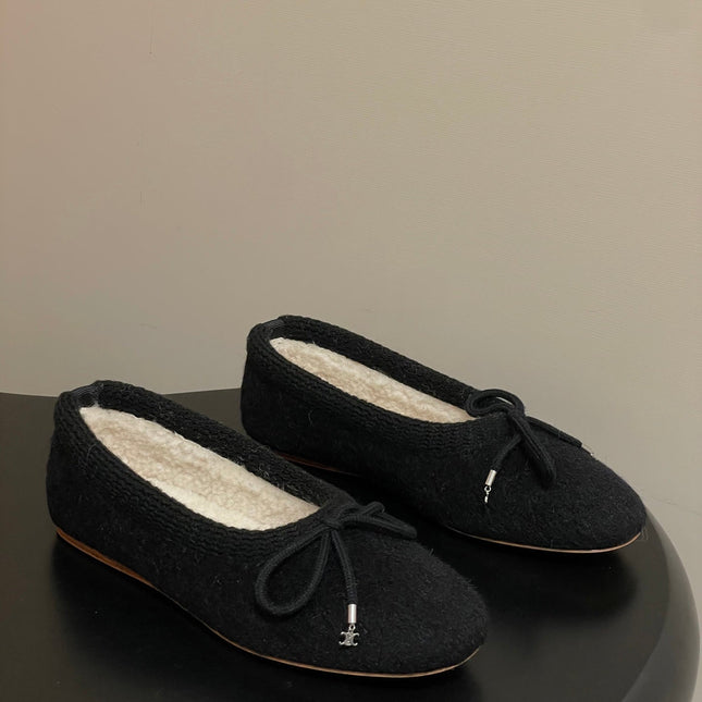 CELINE 26S BALLET FLATS IN BLACK WOOL WITH BOW STYLE 1