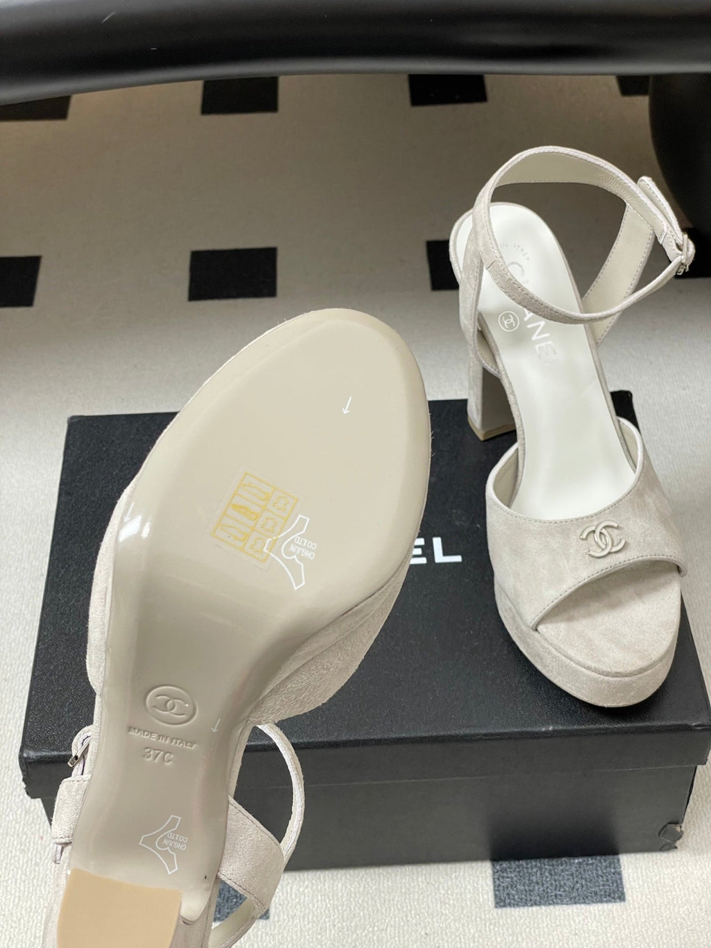 CHANEL 26S HIGH HEEL SANDALS 120 MM IN CREAM BEIGE SUEDE