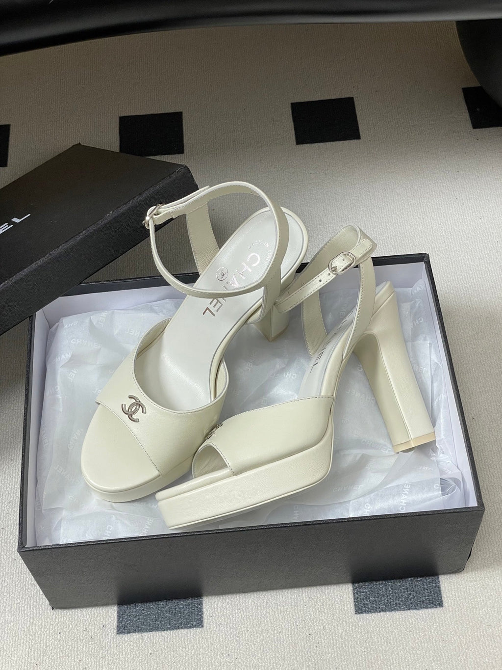 CHANEL 26S HIGH HEEL SANDALS 120 MM IN CREAM WHITE LAMBSKIN