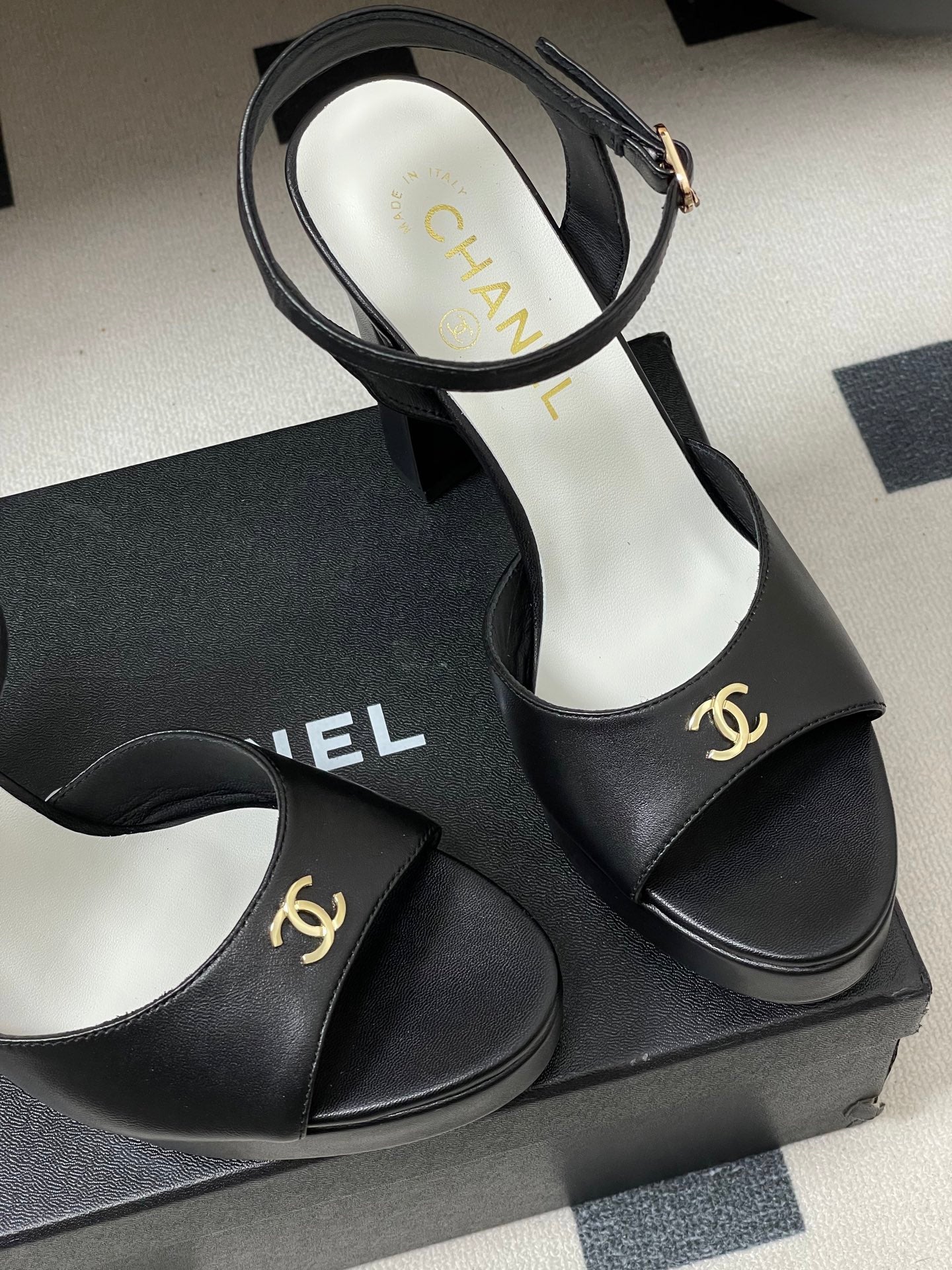 CHANEL 26S HIGH HEEL SANDALS 120 MM IN BLACK LAMBSKIN