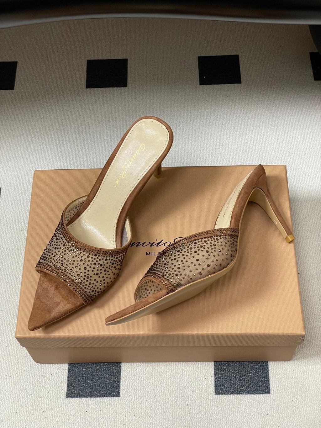GIANVITO ROSSI 26S HIGH HEELS 85 MM IN BROWN SUEDE WITH RHINESTONE STRAP