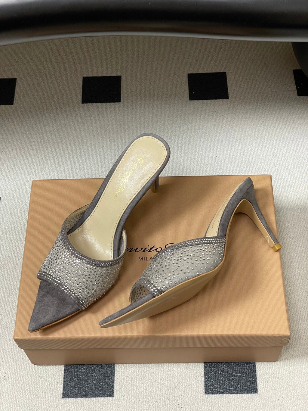 GIANVITO ROSSI 26S HIGH HEELS 85 MM IN GREY SUEDE WITH RHINESTONE STRAP
