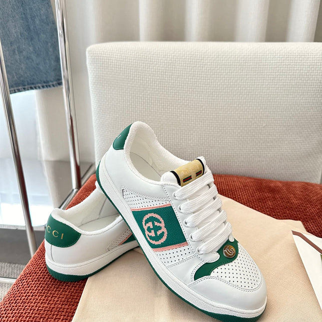 GG SCREENER SNEAKER WHITE AND DARK GREEN CALFSKIN
