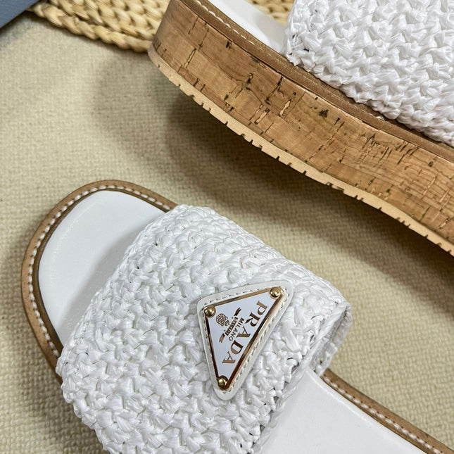 PRA WEDGE FLATFORM SLIDES WHITE RAFFIA