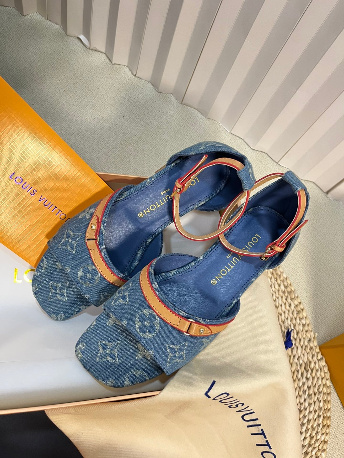 LV 26S ANKLE STRAP FLATS IN BLUE MONOGRAM DENIM