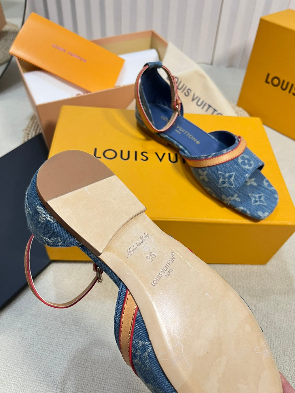 LV 26S ANKLE STRAP FLATS IN BLUE MONOGRAM DENIM