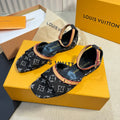 LV 26S ANKLE STRAP FLATS IN BLACK MONOGRAM DENIM