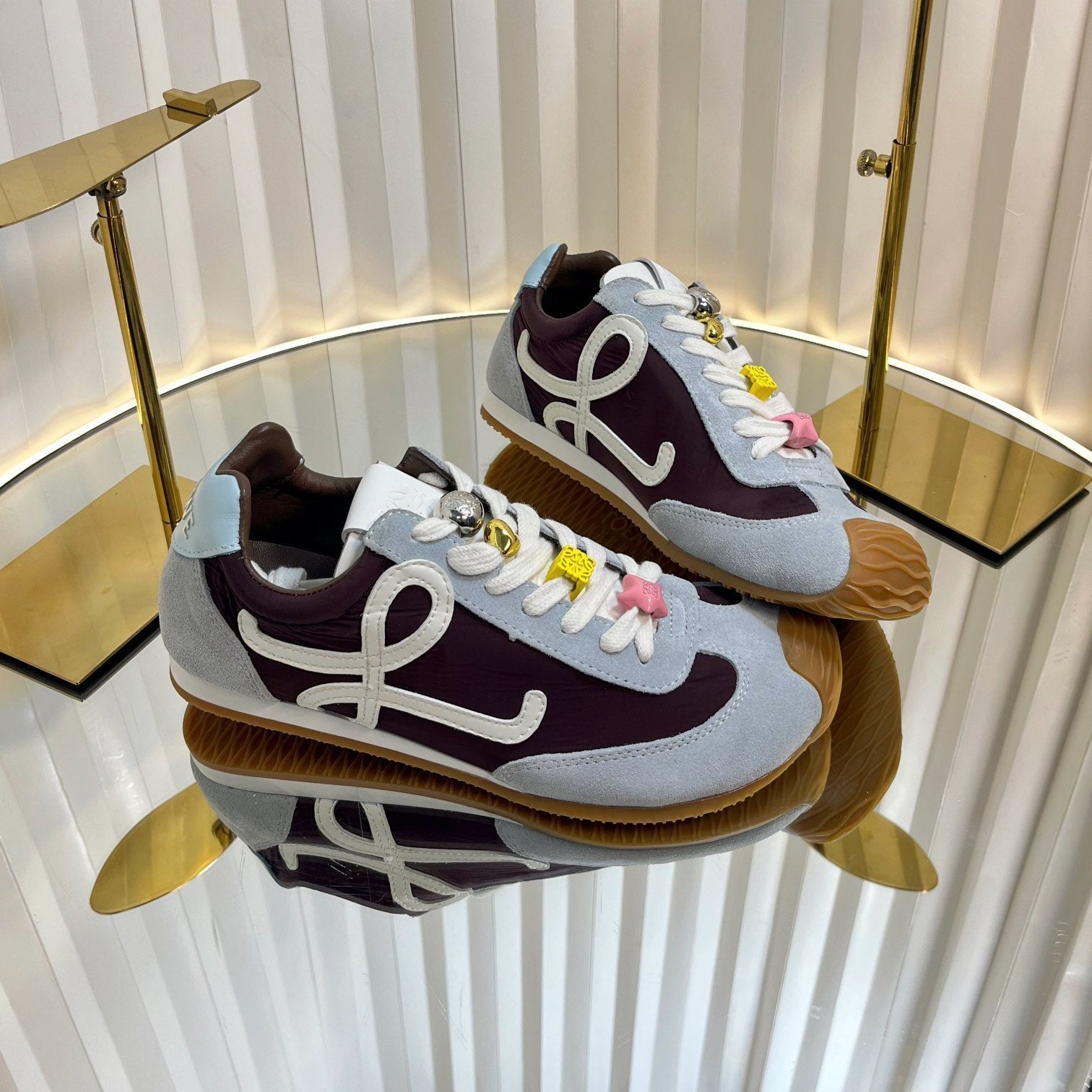 LOEWE 26S RUNNER 2.0 SNEAKERS IN LIGHT BLUE SUEDE AND BROWN FABRIC