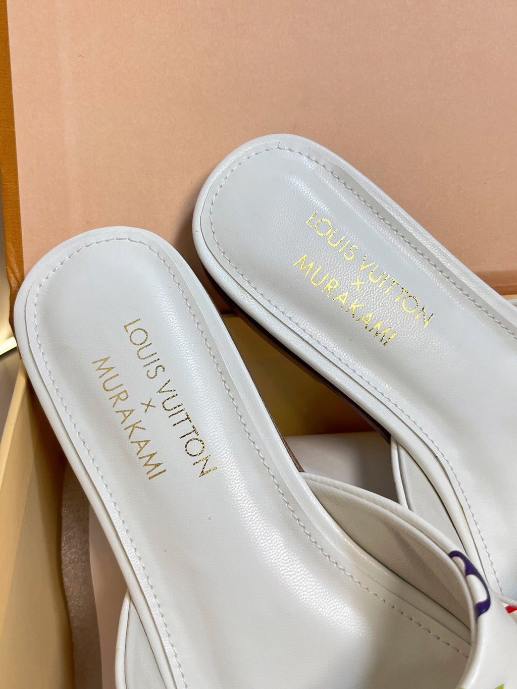 LV 26S FLAT MULES IN CREAM WHITE MULTICOLOR MONOGRAM CALFSKIN
