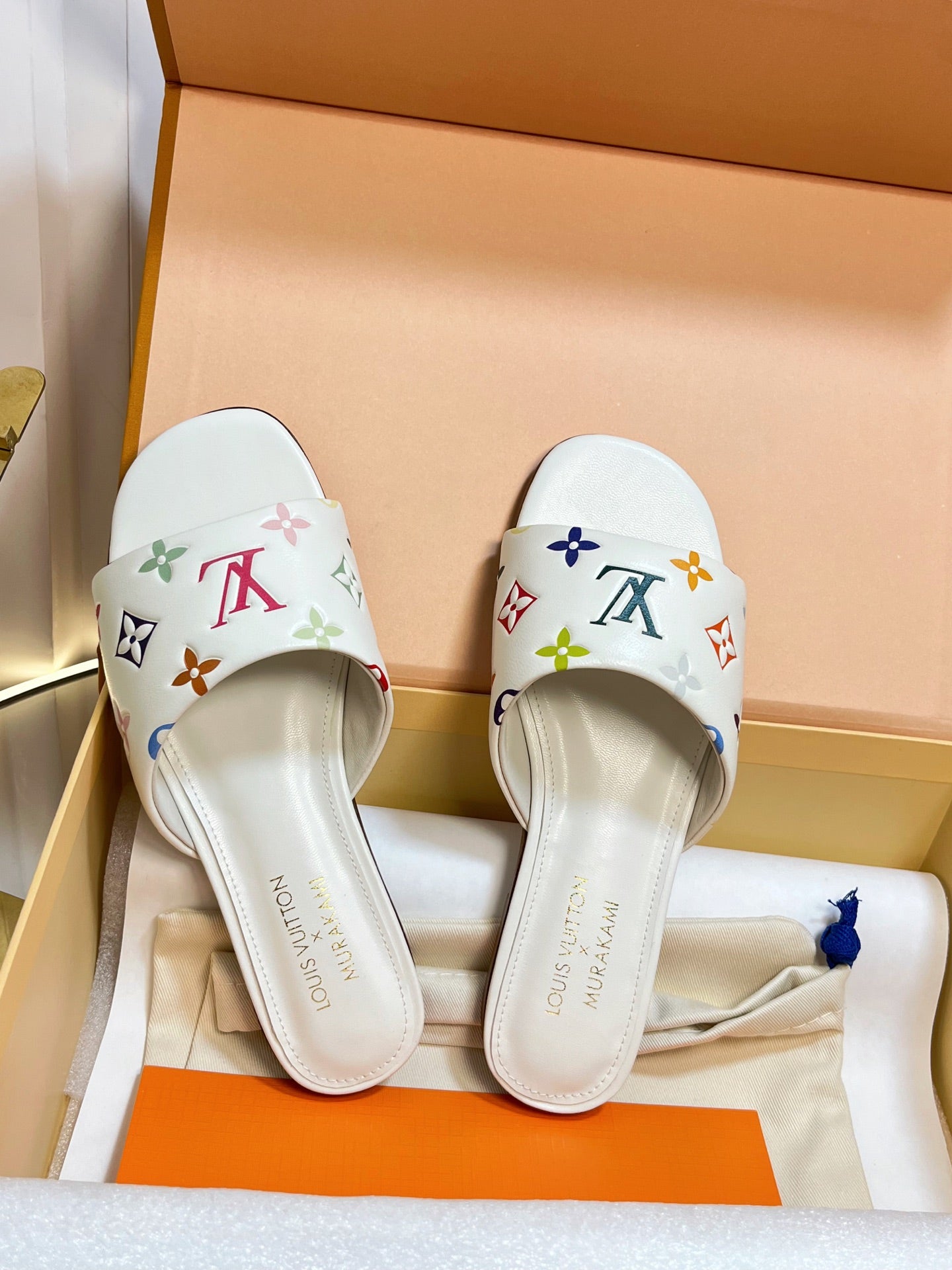 LV 26S FLAT MULES IN CREAM WHITE MULTICOLOR MONOGRAM CALFSKIN