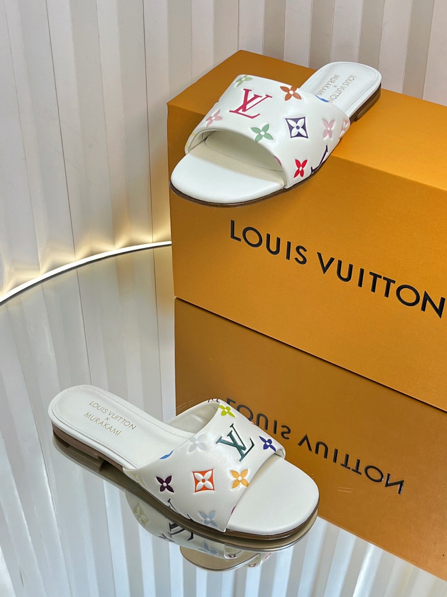 LV 26S FLAT MULES IN CREAM WHITE MULTICOLOR MONOGRAM CALFSKIN