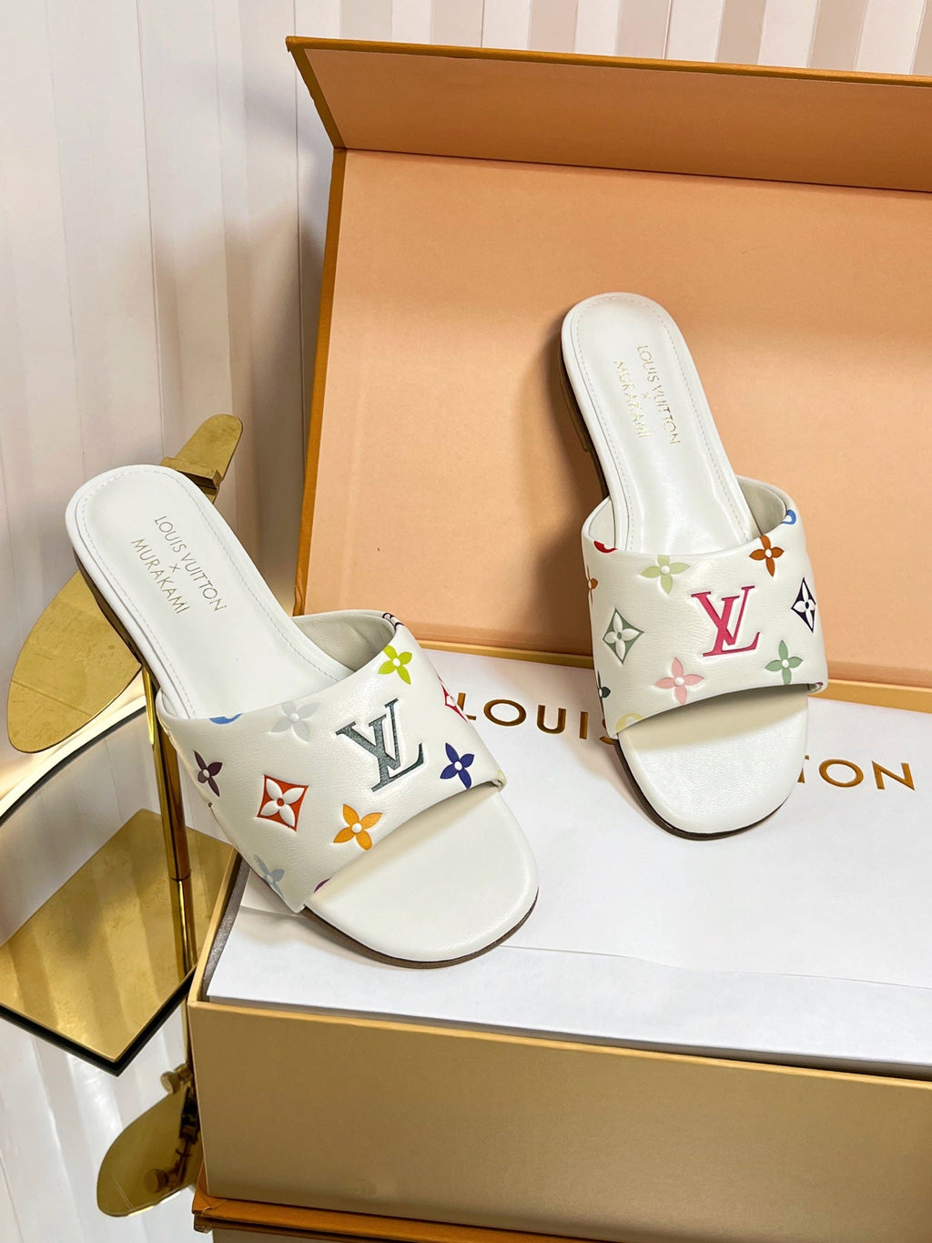 LV 26S FLAT MULES IN CREAM WHITE MULTICOLOR MONOGRAM CALFSKIN