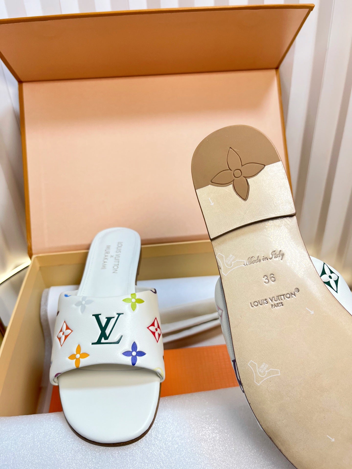 LV 26S FLAT MULES IN CREAM WHITE MULTICOLOR MONOGRAM CALFSKIN