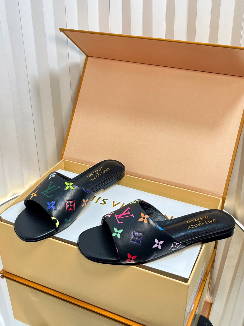 LV 26S FLAT MULES IN BLACK MULTICOLOR MONOGRAM CALFSKIN