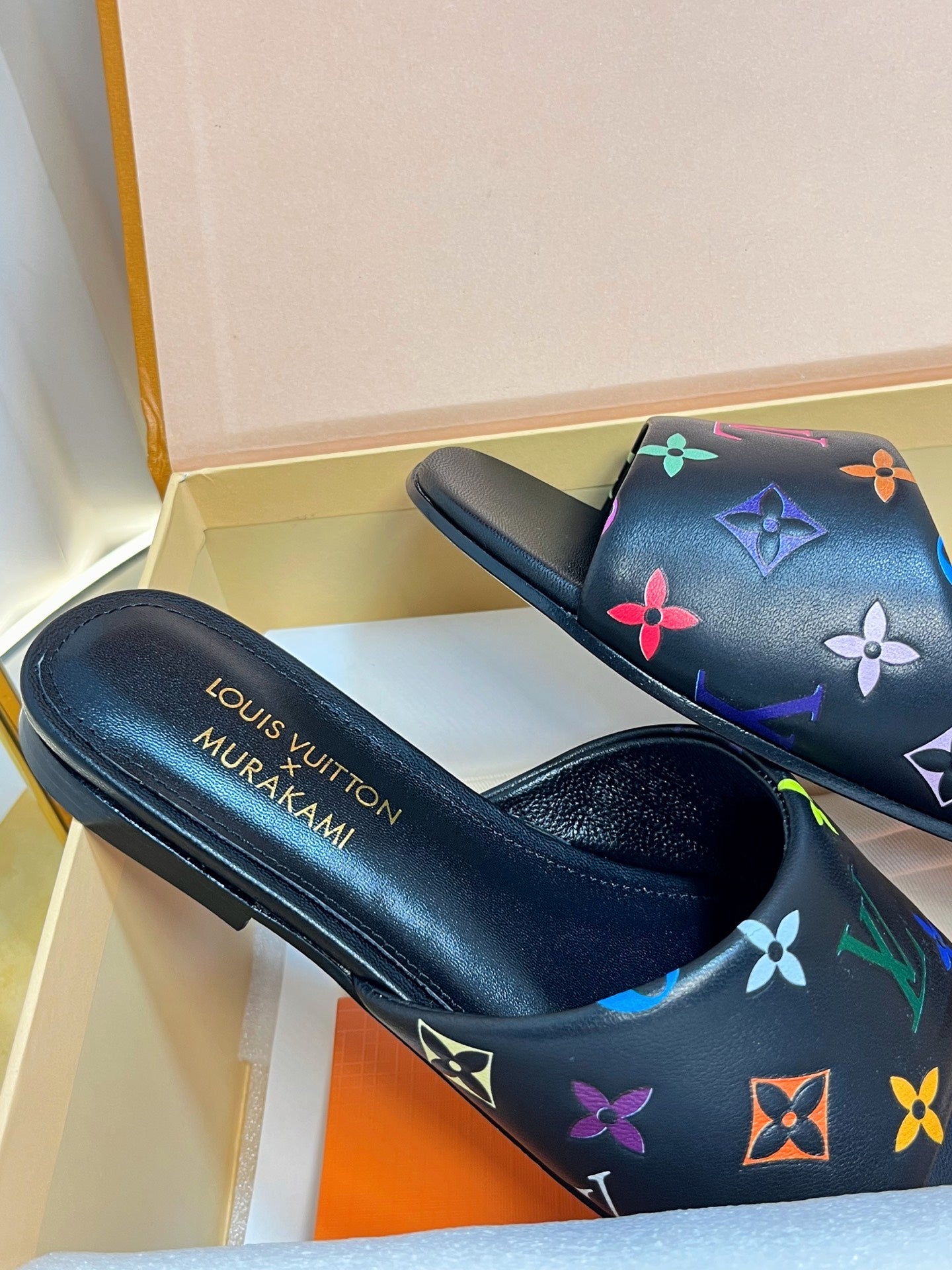 LV 26S FLAT MULES IN BLACK MULTICOLOR MONOGRAM CALFSKIN