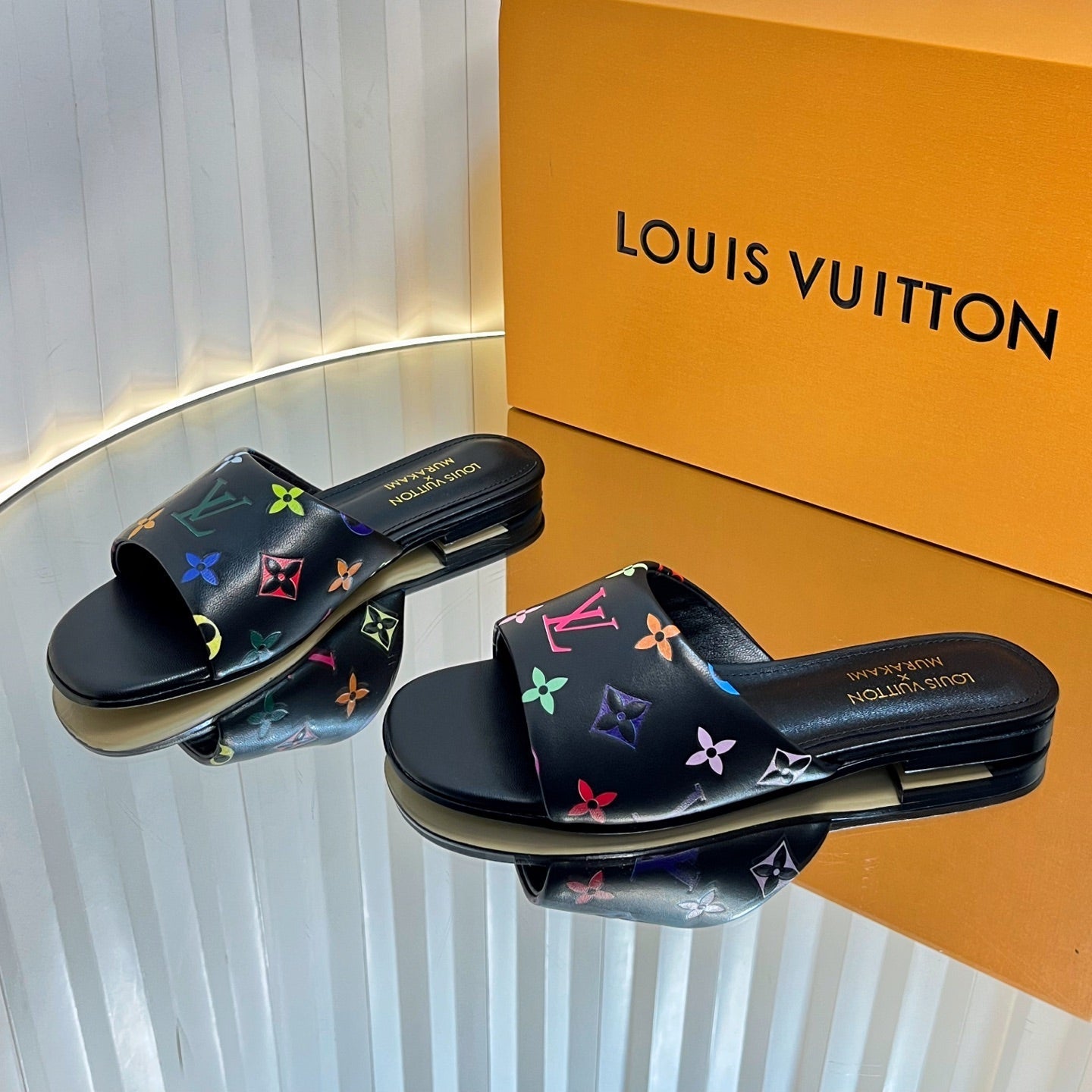 LV 26S FLAT MULES IN BLACK MULTICOLOR MONOGRAM CALFSKIN