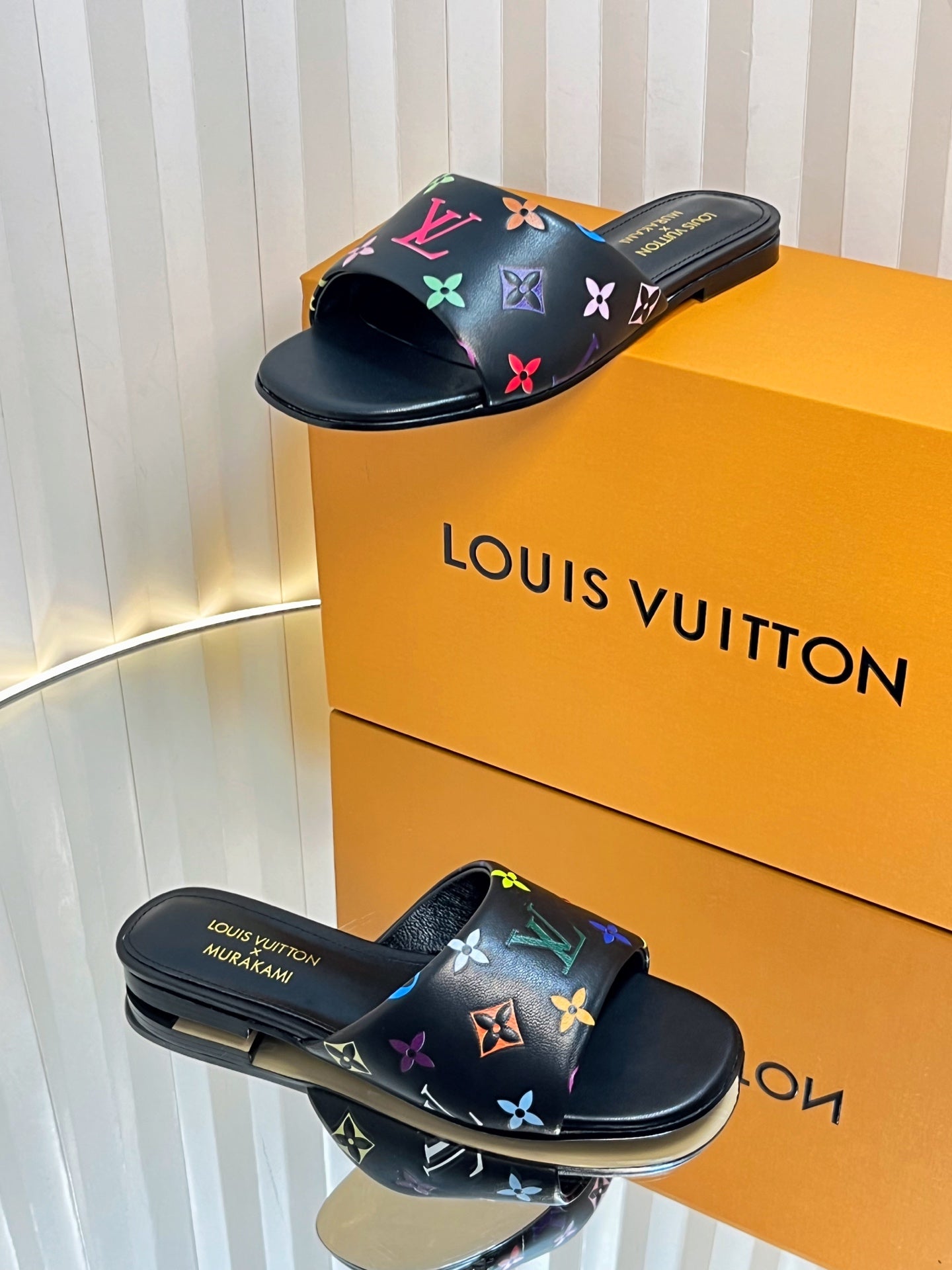 LV 26S FLAT MULES IN BLACK MULTICOLOR MONOGRAM CALFSKIN