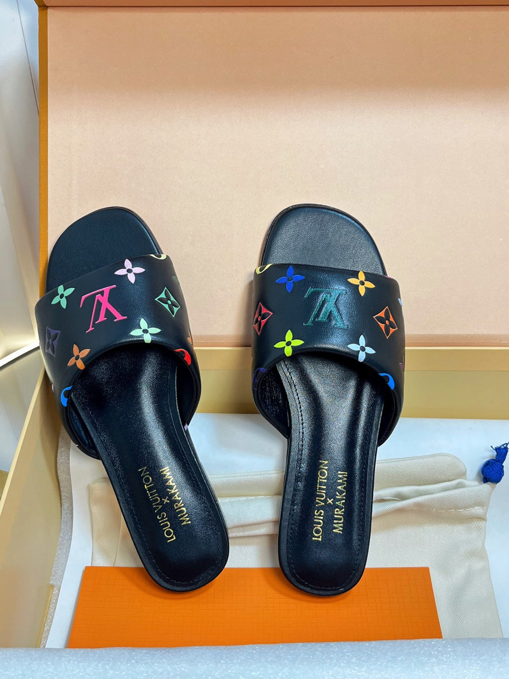 LV 26S FLAT MULES IN BLACK MULTICOLOR MONOGRAM CALFSKIN