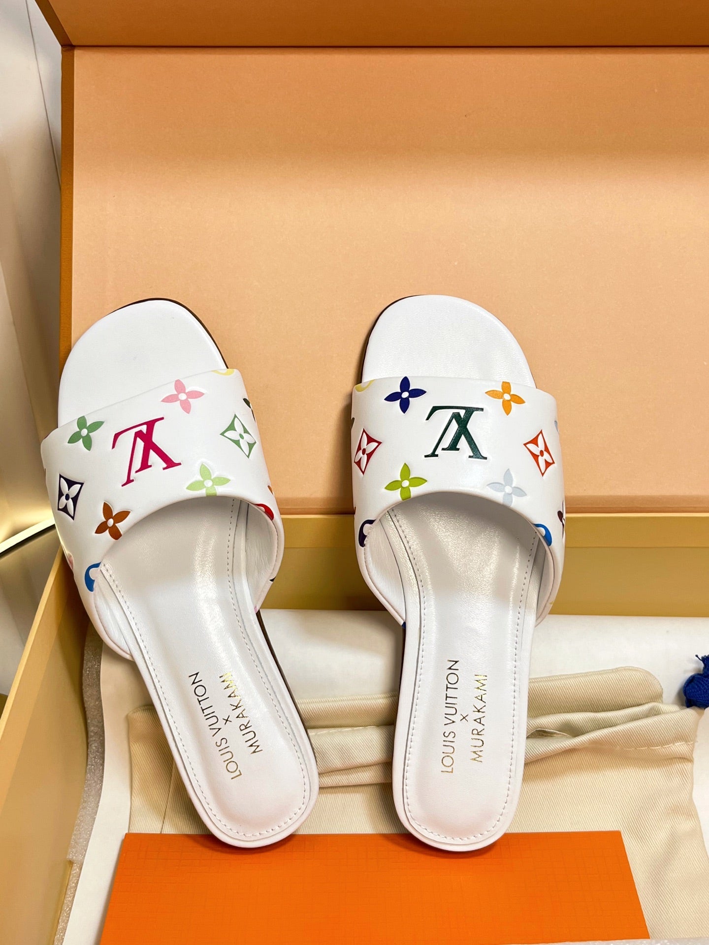 LV 26S FLAT MULES IN WHITE MULTICOLOR MONOGRAM CALFSKIN