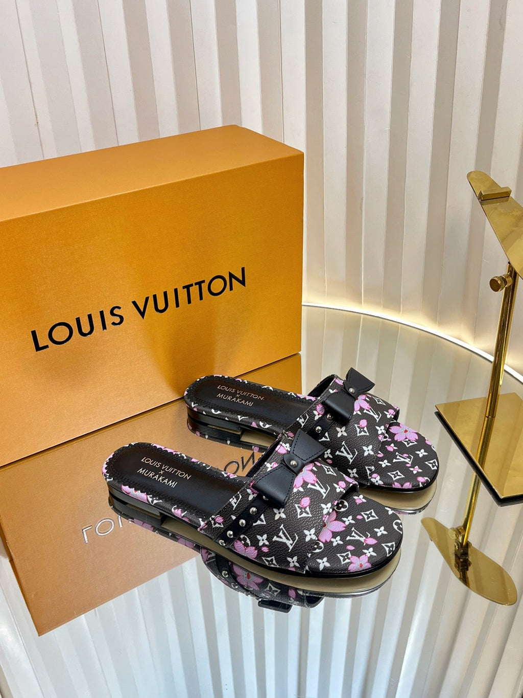 LV 26S FLAT MULES IN BLACK CALFSKIN CHERRY BLOSSOM MONOGRAM WITH BOW