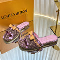 LV 26S FLAT MULES IN DARK BROWN CALFSKIN CHERRY BLOSSOM MONOGRAM WITH BOW