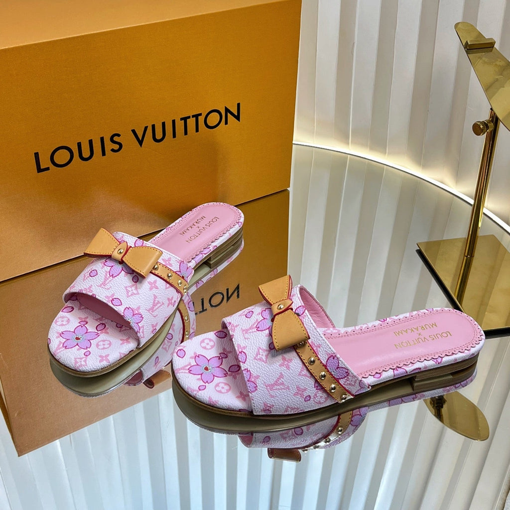 LV 26S FLAT MULES IN LIGHT PINK CALFSKIN CHERRY BLOSSOM MONOGRAM WITH BOW