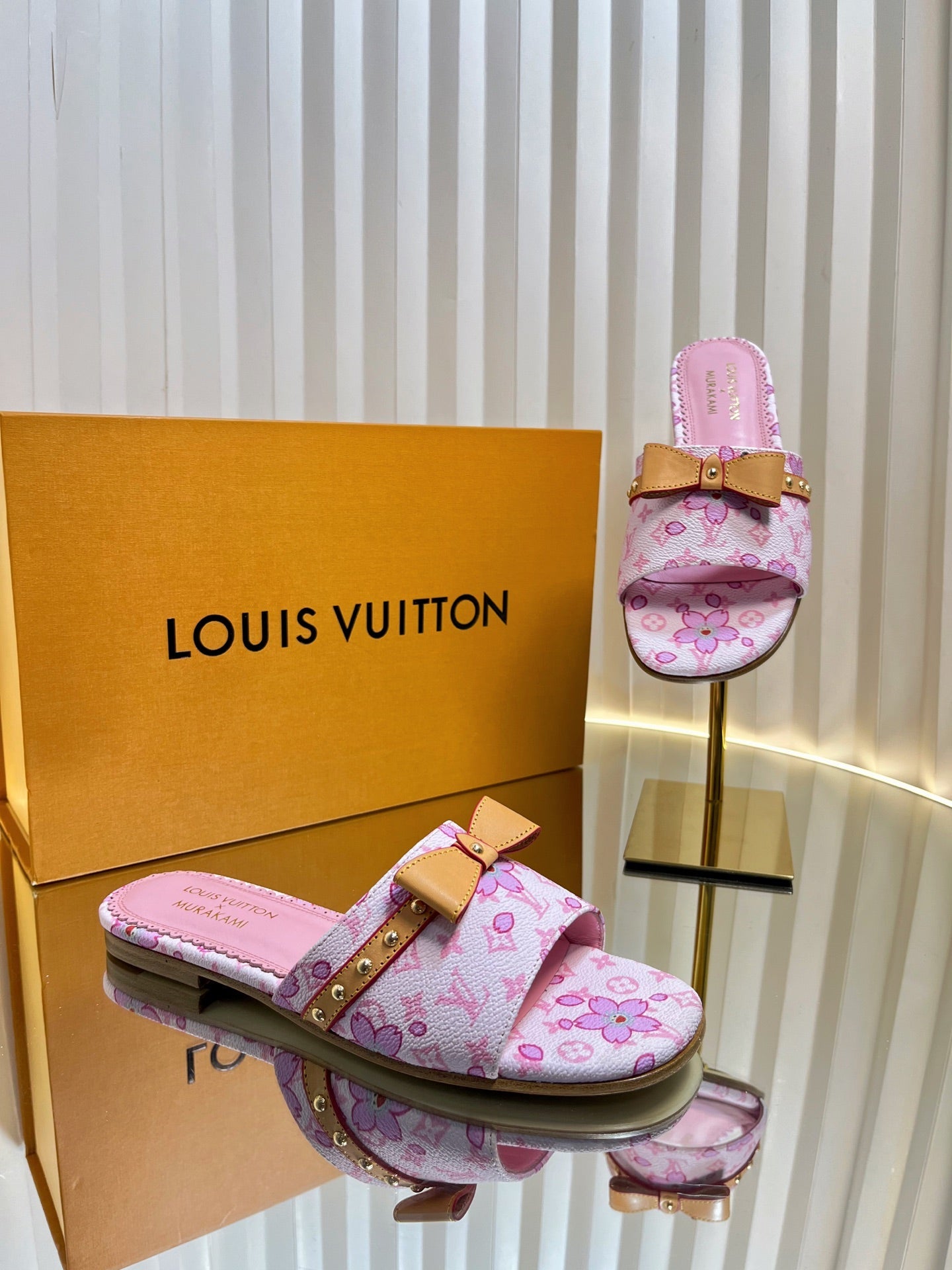 LV 26S FLAT MULES IN LIGHT PINK CALFSKIN CHERRY BLOSSOM MONOGRAM WITH BOW