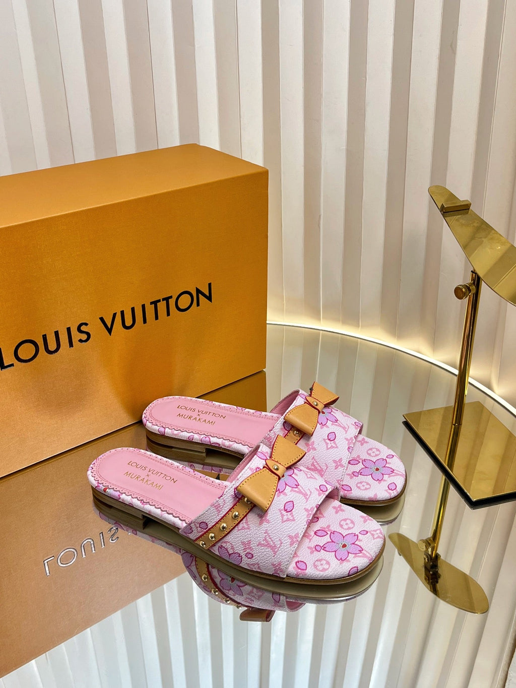 LV 26S FLAT MULES IN LIGHT PINK CALFSKIN CHERRY BLOSSOM MONOGRAM WITH BOW