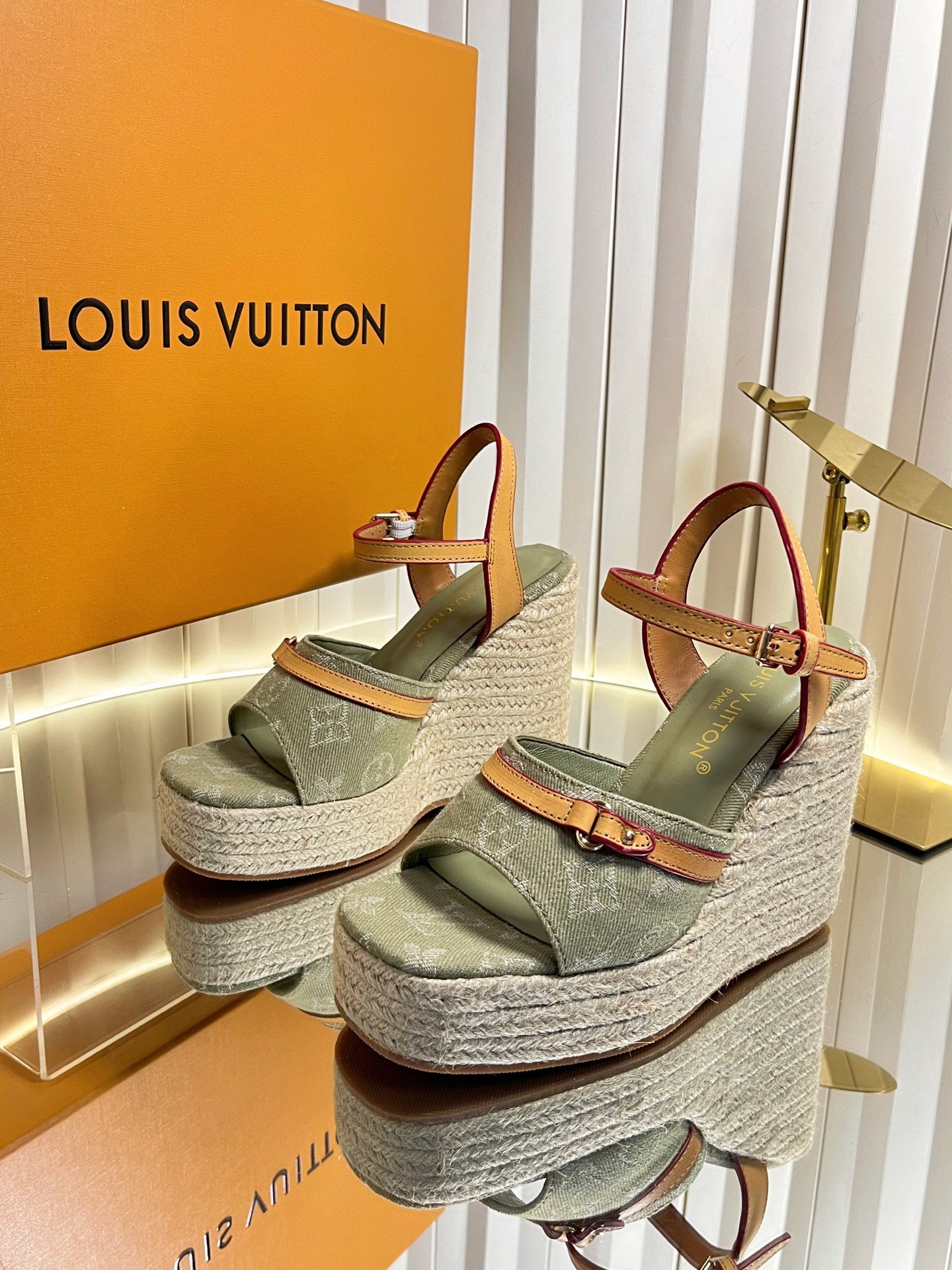 LV 26S HELIOS WEDGE SANDAL 120MM IN KHAKI GREEN MONOGRAM DENIM