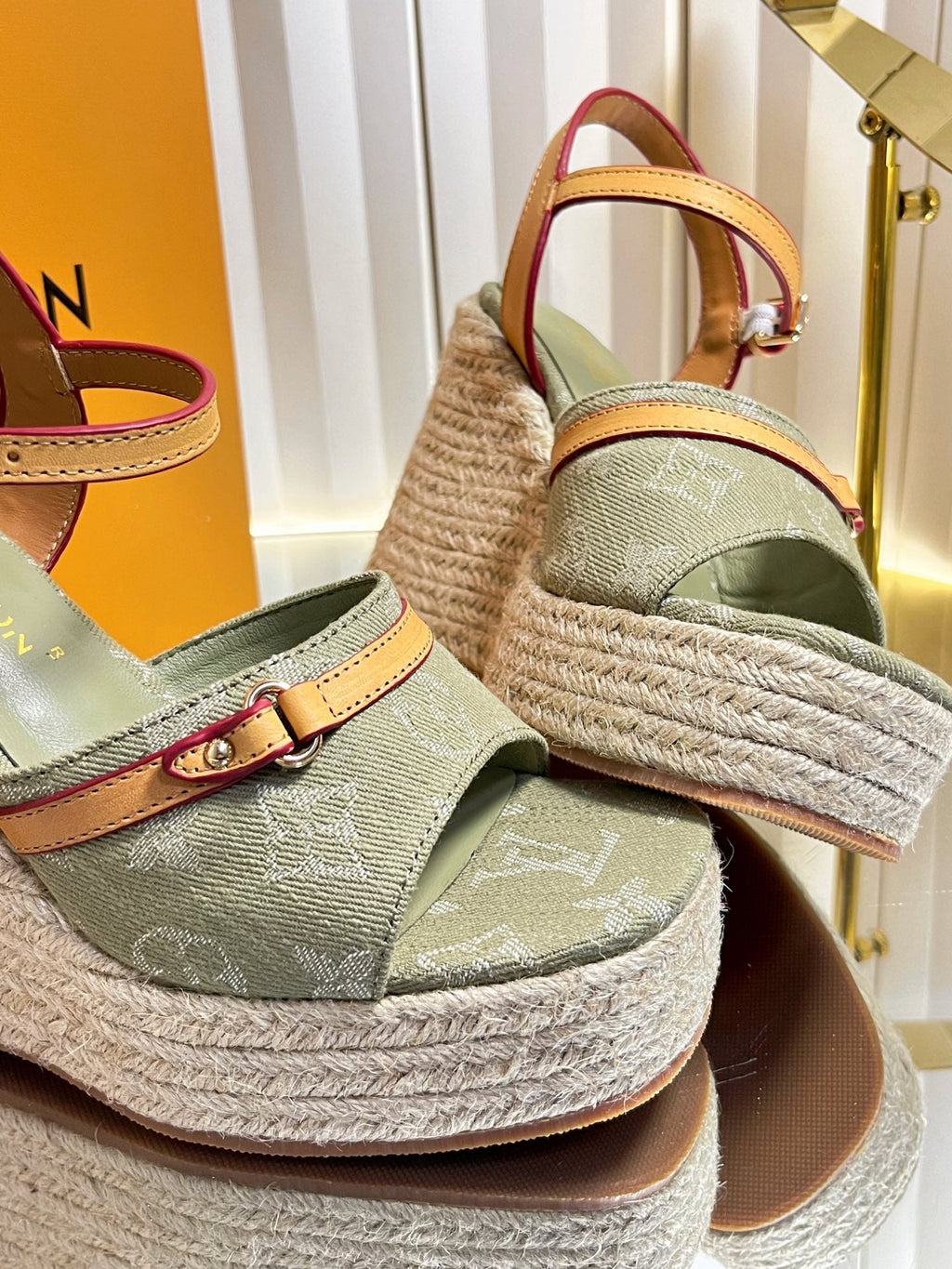 LV 26S HELIOS WEDGE SANDAL 120MM IN KHAKI GREEN MONOGRAM DENIM