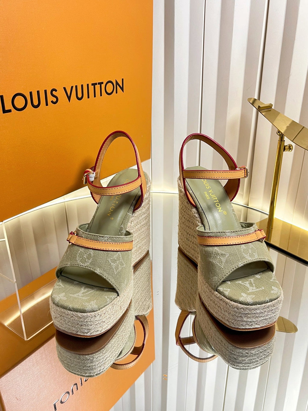 LV 26S HELIOS WEDGE SANDAL 120MM IN KHAKI GREEN MONOGRAM DENIM