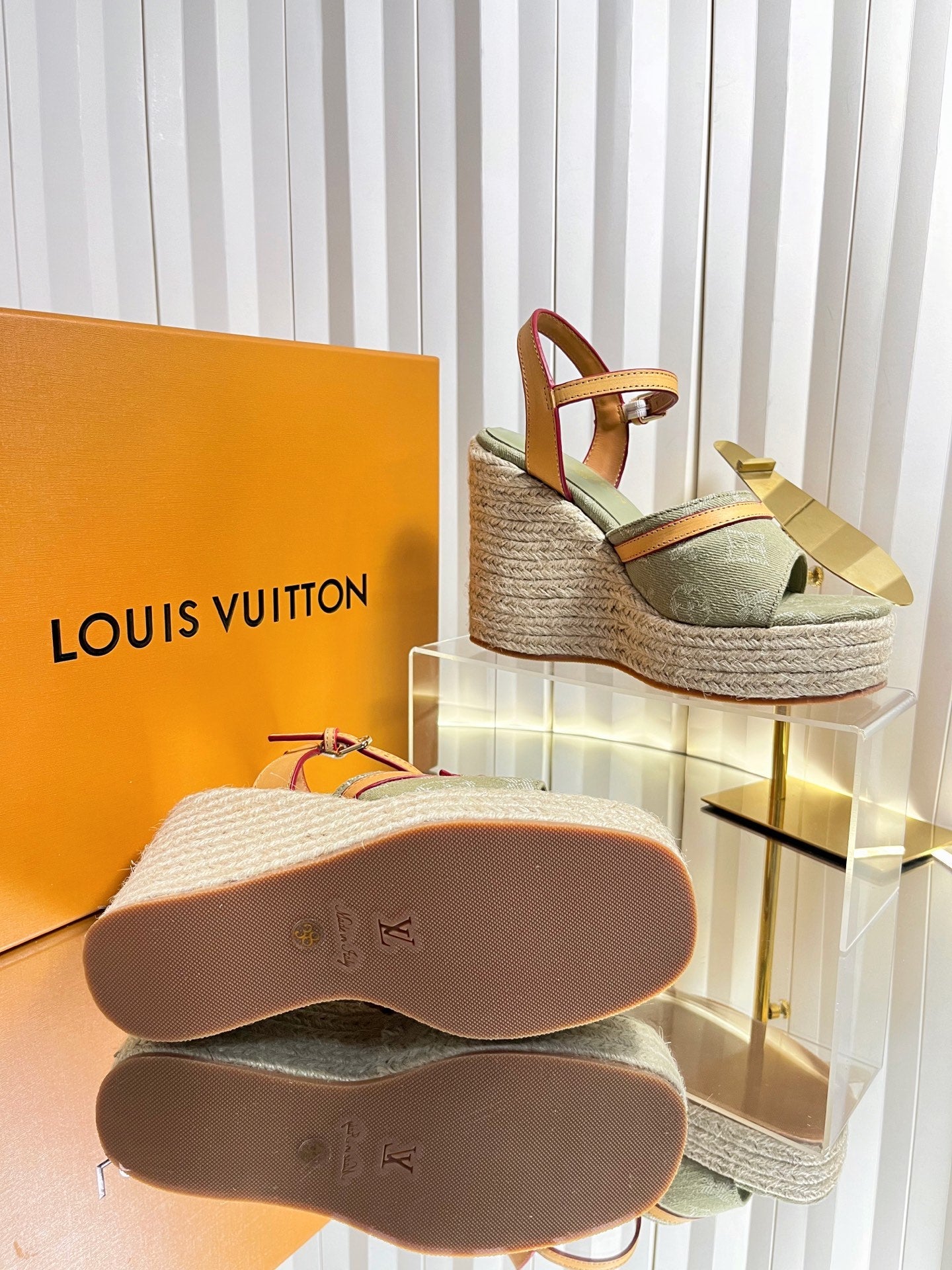 LV 26S HELIOS WEDGE SANDAL 120MM IN KHAKI GREEN MONOGRAM DENIM