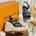 LV 26S HELIOS WEDGE SANDAL 120MM IN BLACK MONOGRAM DENIM