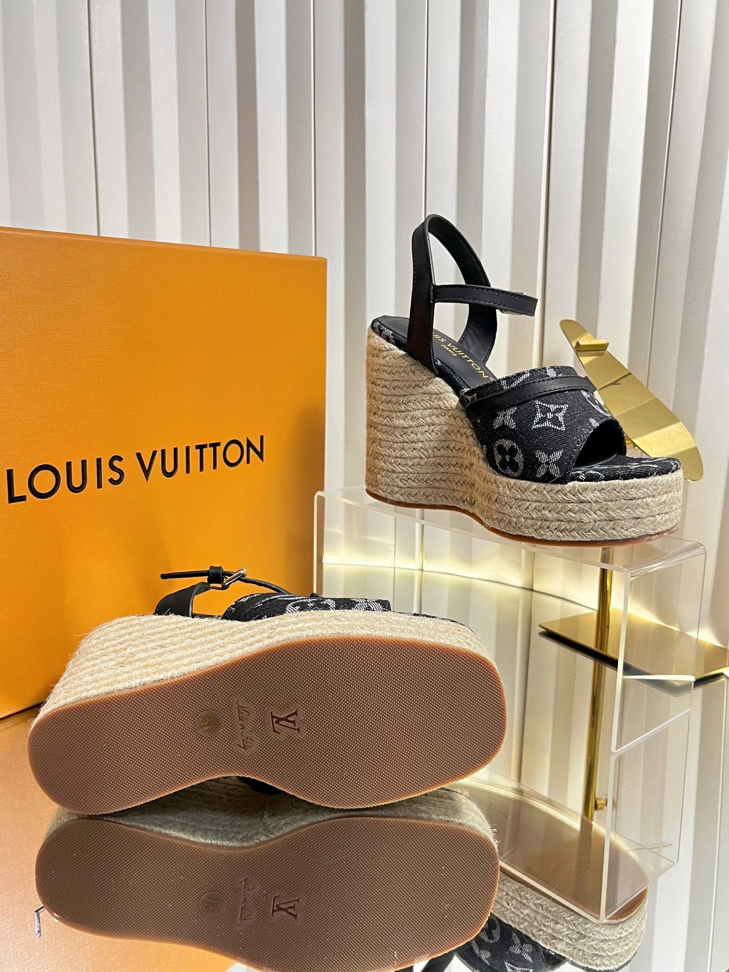 LV 26S HELIOS WEDGE SANDAL 120MM IN BLACK MONOGRAM DENIM