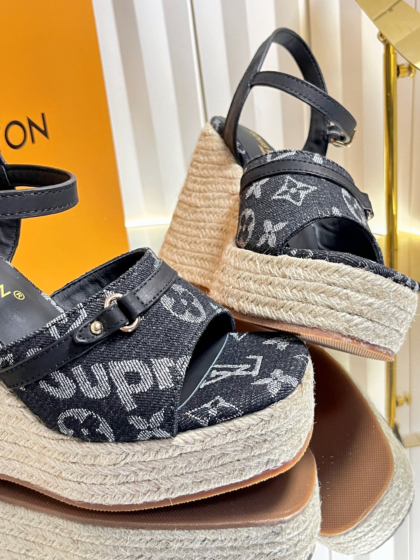LV 26S HELIOS WEDGE SANDAL 120MM IN BLACK MONOGRAM DENIM