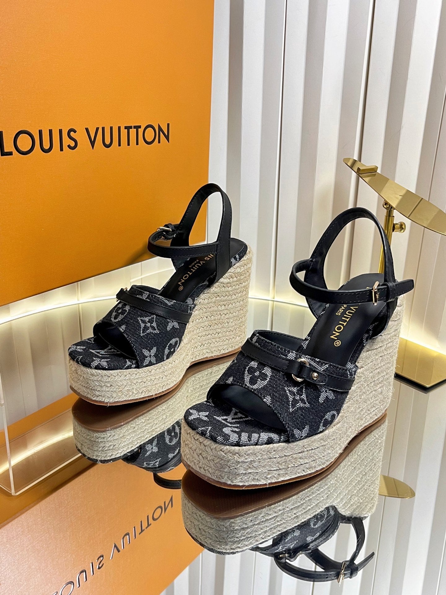 LV 26S HELIOS WEDGE SANDAL 120MM IN BLACK MONOGRAM DENIM