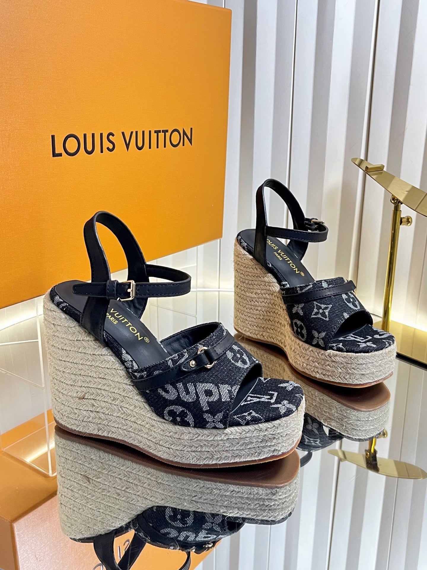 LV 26S HELIOS WEDGE SANDAL 120MM IN BLACK MONOGRAM DENIM