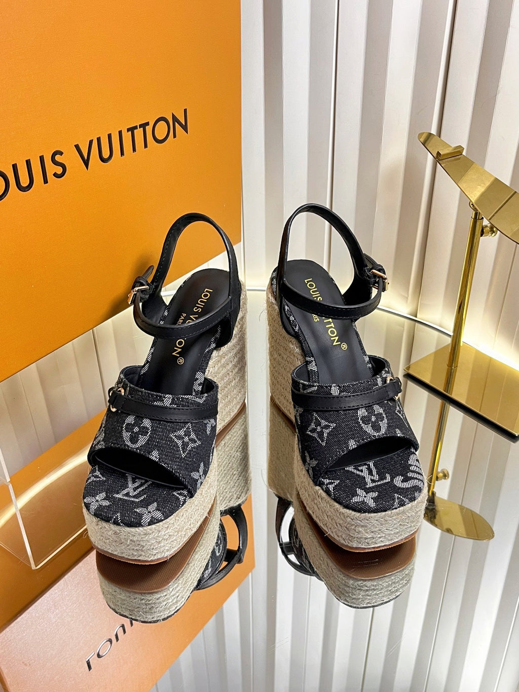 LV 26S HELIOS WEDGE SANDAL 120MM IN BLACK MONOGRAM DENIM