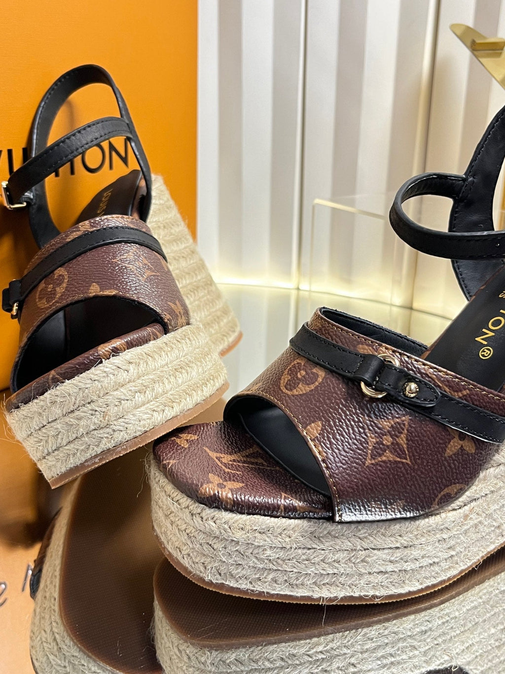 LV 26S HELIOS WEDGE SANDAL 120MM IN DARK BROWN MONOGRAM CALFSKIN
