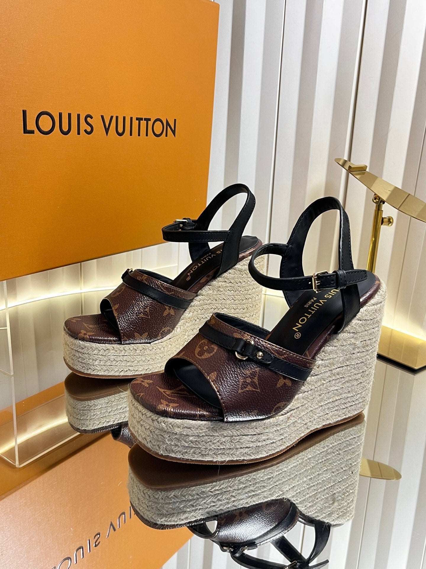 LV 26S HELIOS WEDGE SANDAL 120MM IN DARK BROWN MONOGRAM CALFSKIN