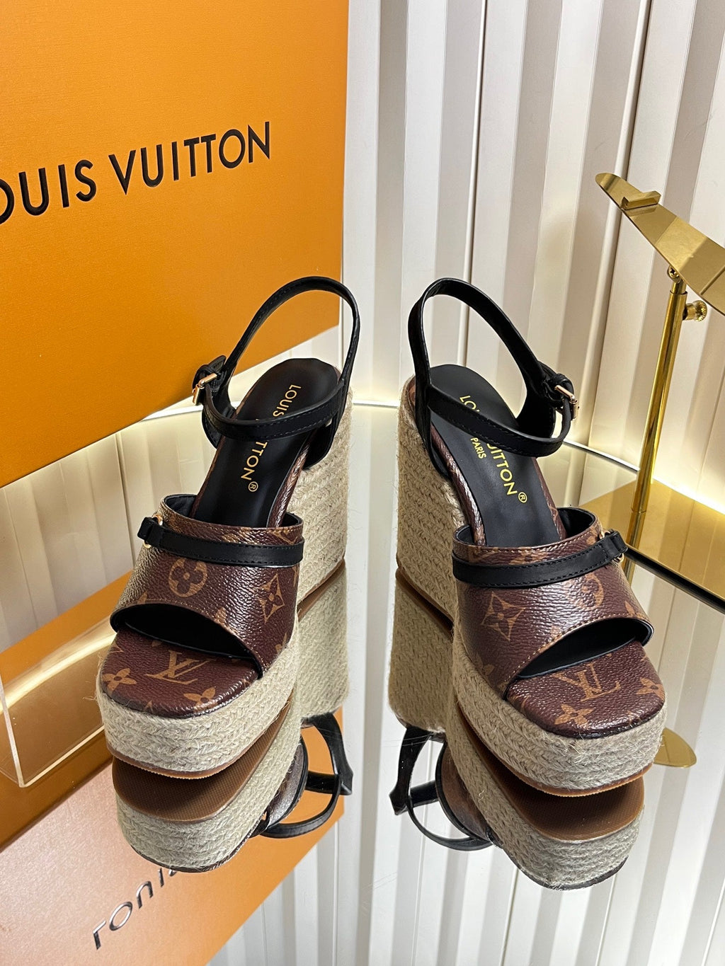 LV 26S HELIOS WEDGE SANDAL 120MM IN DARK BROWN MONOGRAM CALFSKIN