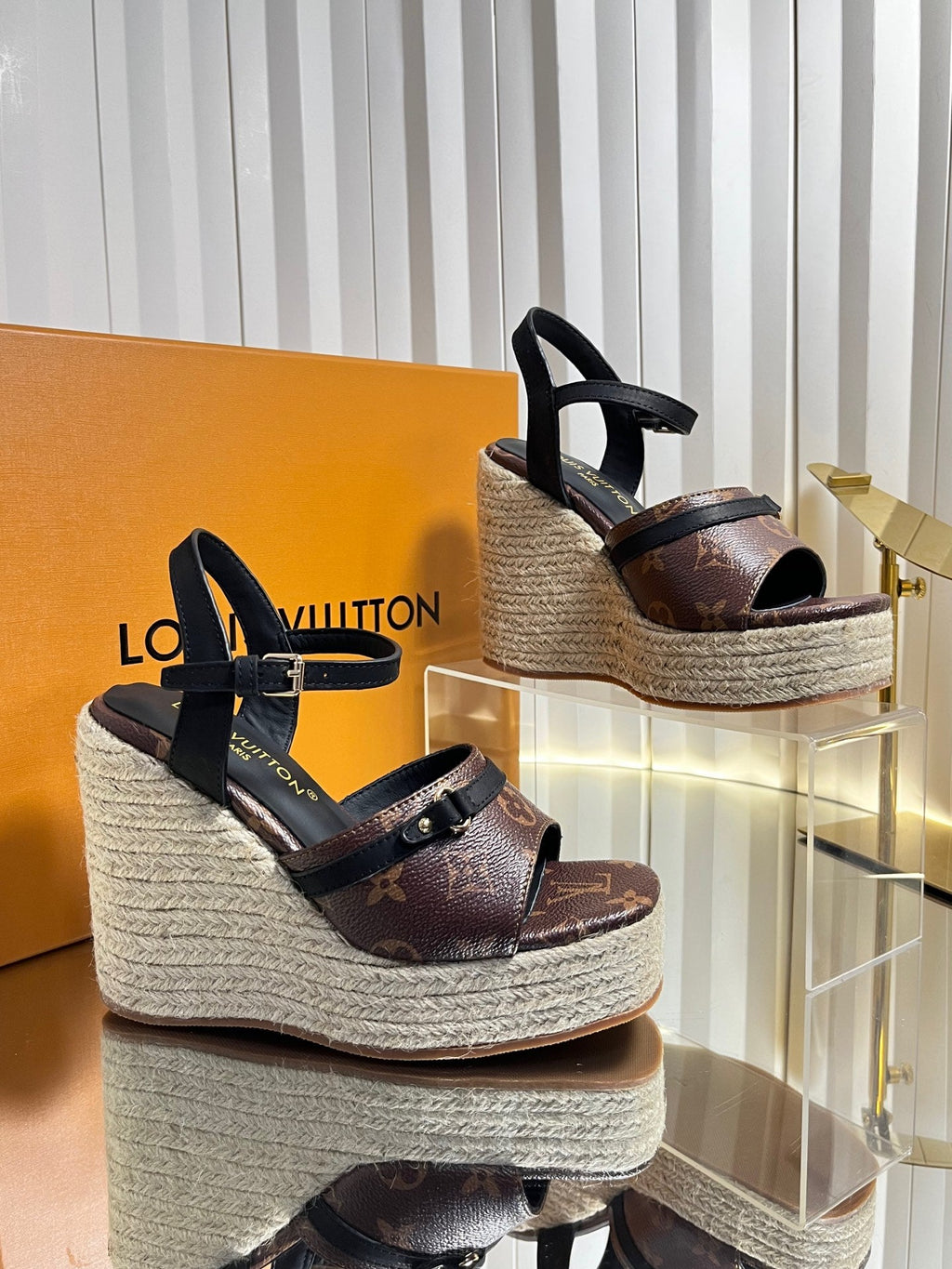 LV 26S HELIOS WEDGE SANDAL 120MM IN DARK BROWN MONOGRAM CALFSKIN