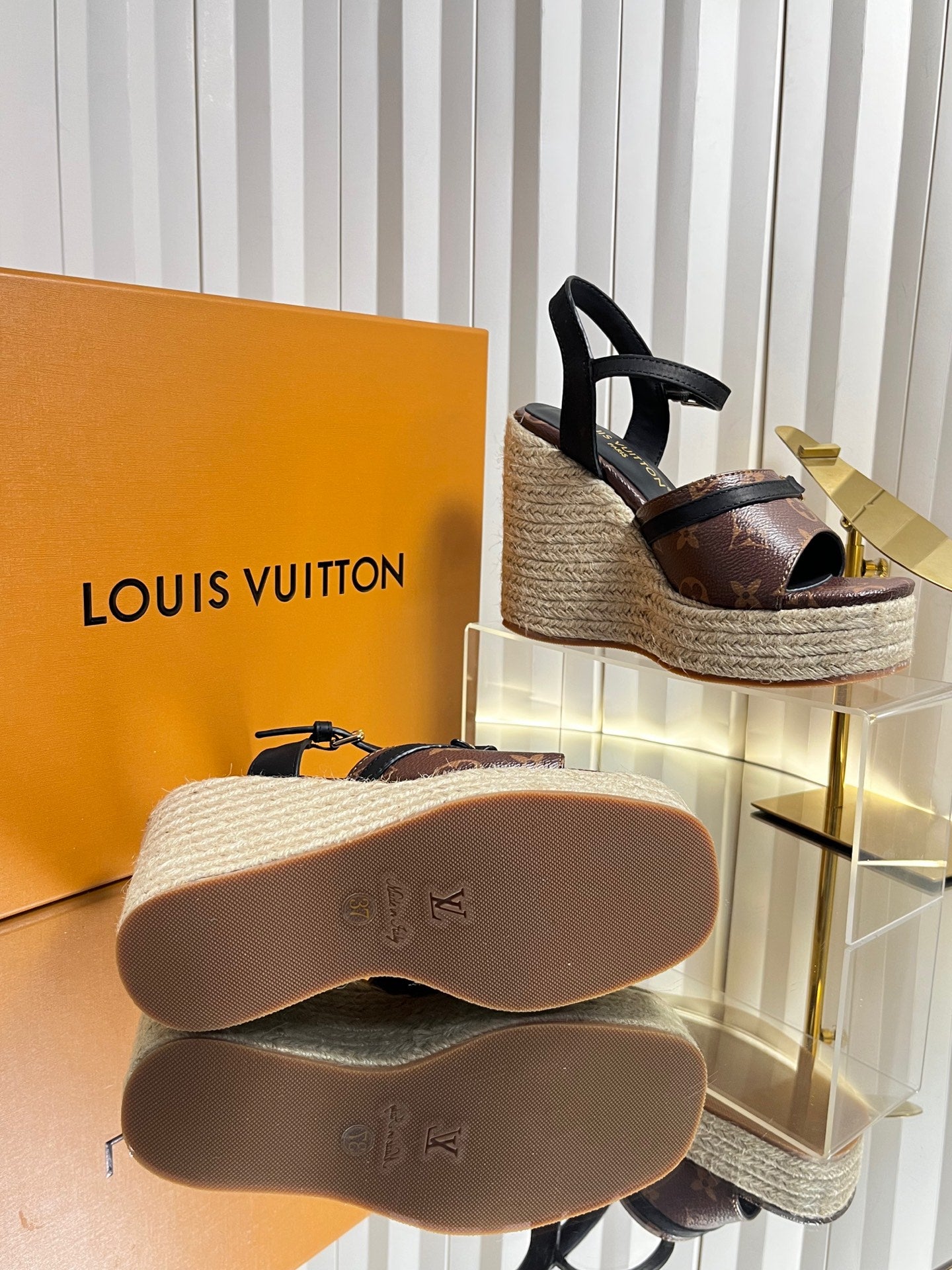 LV 26S HELIOS WEDGE SANDAL 120MM IN DARK BROWN MONOGRAM CALFSKIN