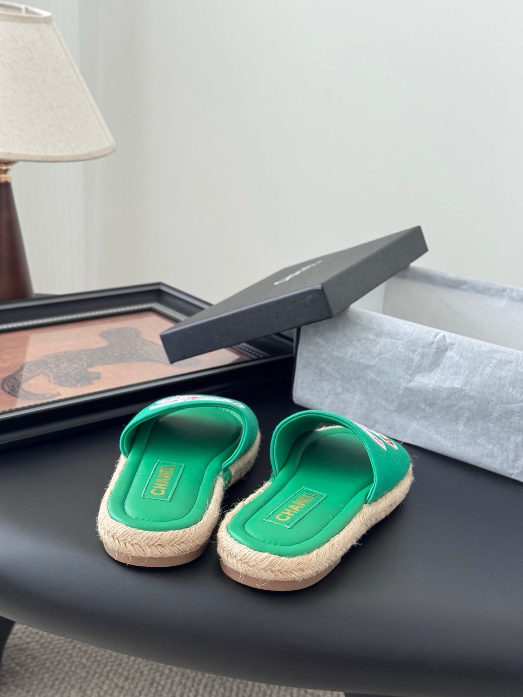 SLIPPERS IN GREEN SHEEPSKIN MIX FABRIC AND STRAPS BASE
